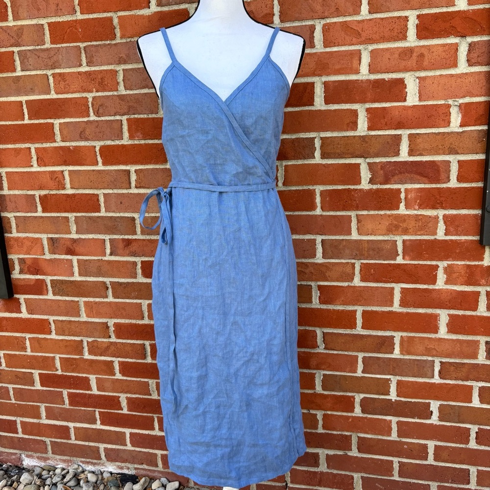 NWT Linen Handmade Studio Blue Wrap Tie Front Spaghetti Strap Sundress Womens 6